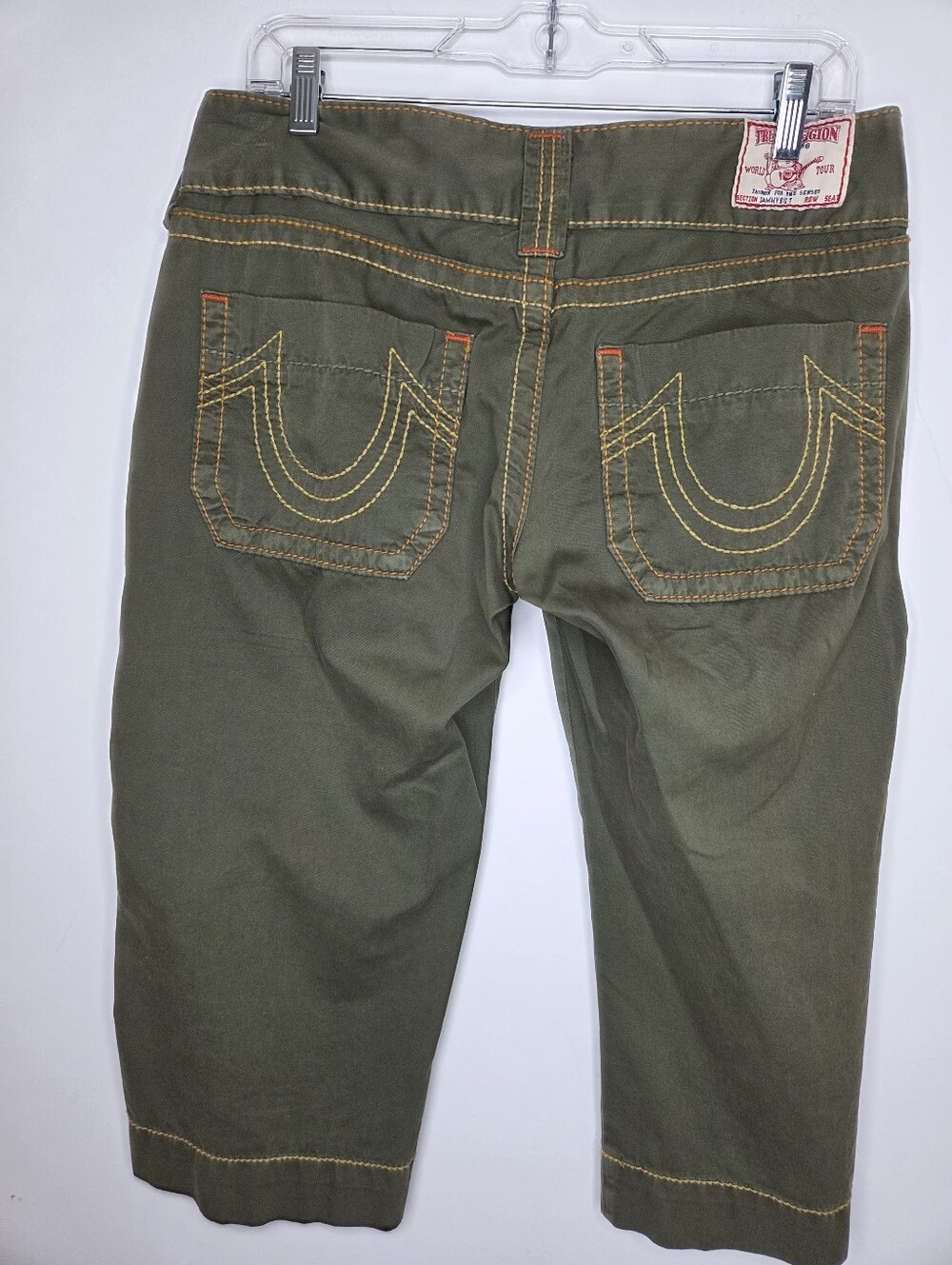 True Religion Size 30 Cropped Jeans Army Green Color with Contrast Stitching